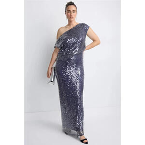 One33 Social Asymmetrical Shoulder Maxi Gown Navy Sequin Blouson sz 4 Club Gala
